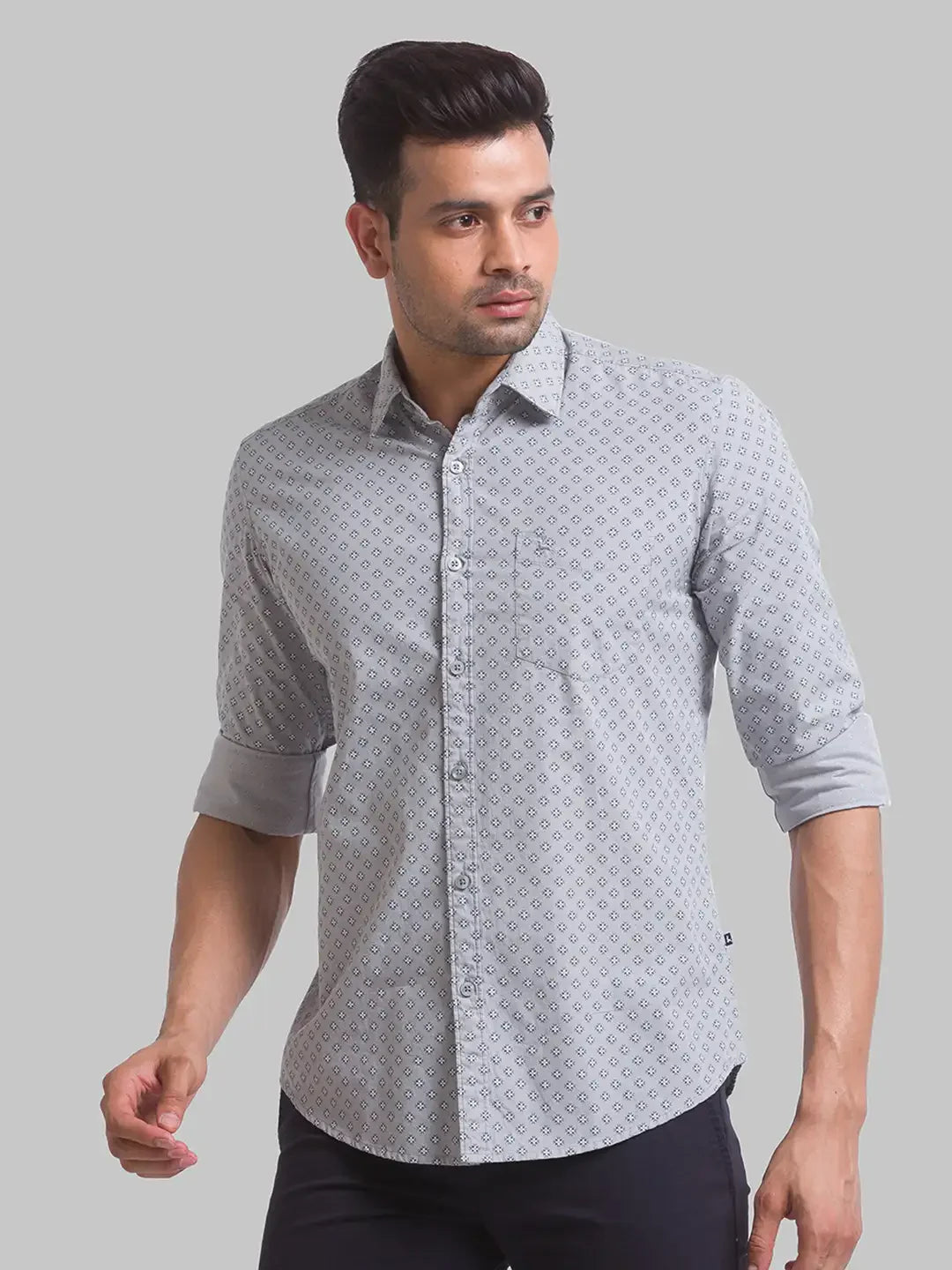 Men Grey Slim Fit Print Cotton Full Sleeve Shirts