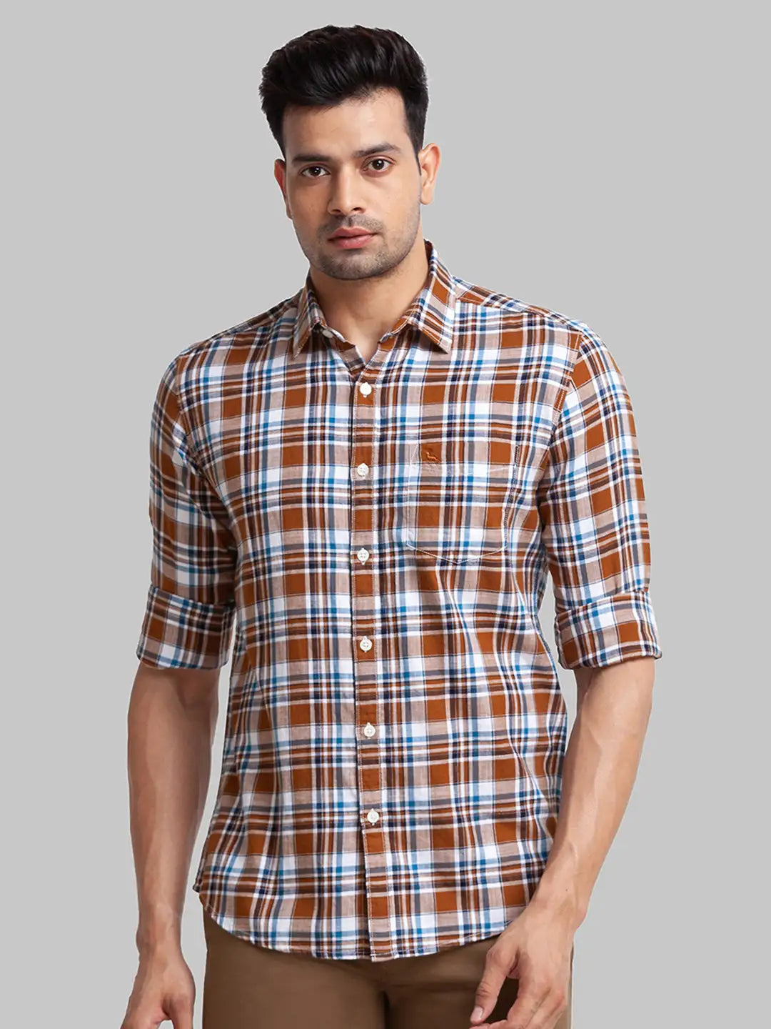 Men Brown Slim Fit Checks Cotton Full Sleeve Shirts