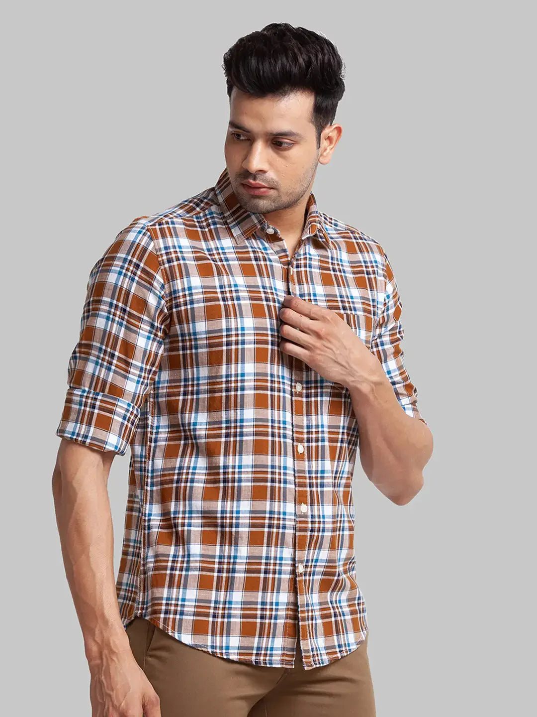 Men Brown Slim Fit Checks Cotton Full Sleeve Shirts