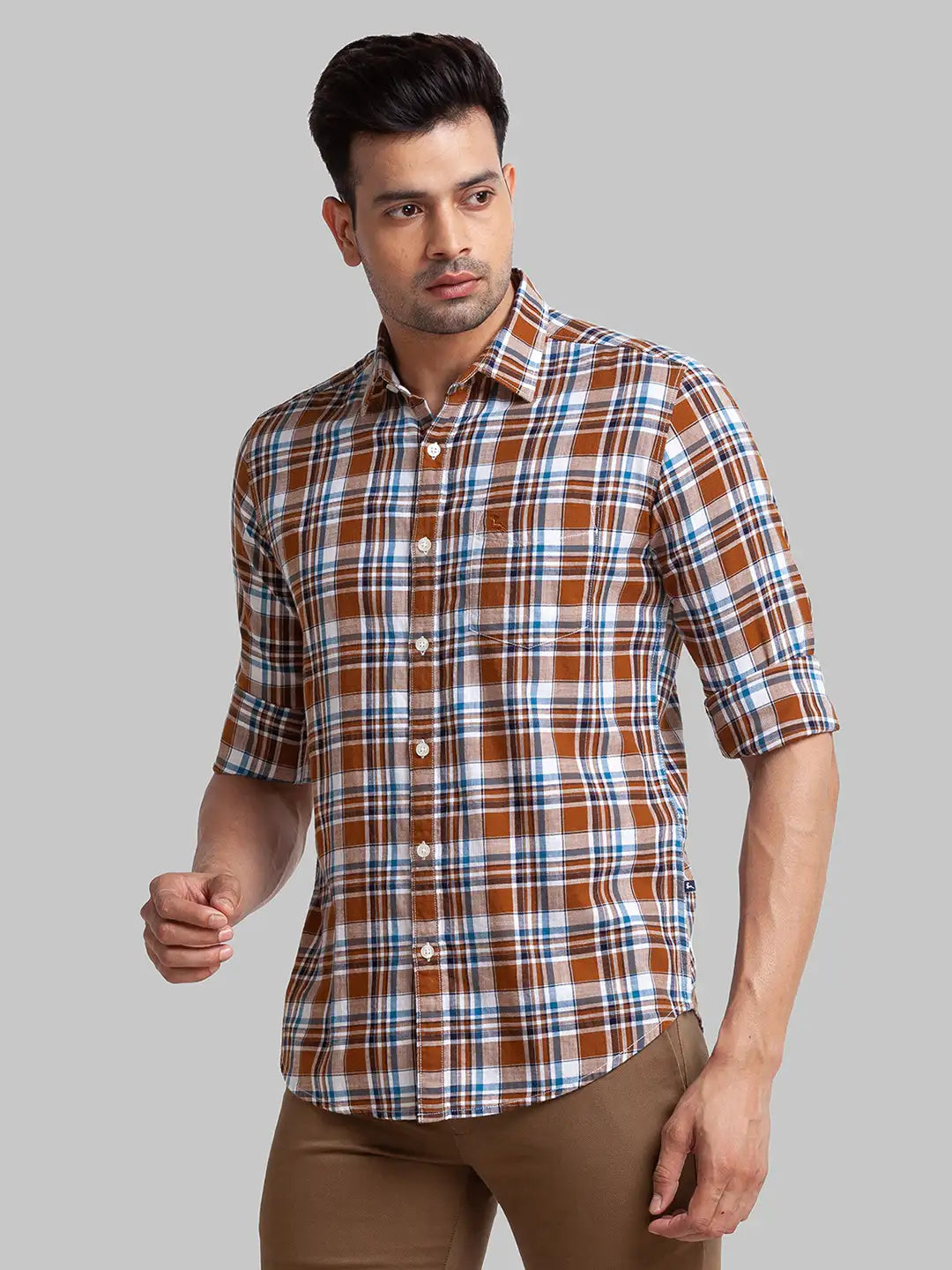 Men Brown Slim Fit Checks Cotton Full Sleeve Shirts