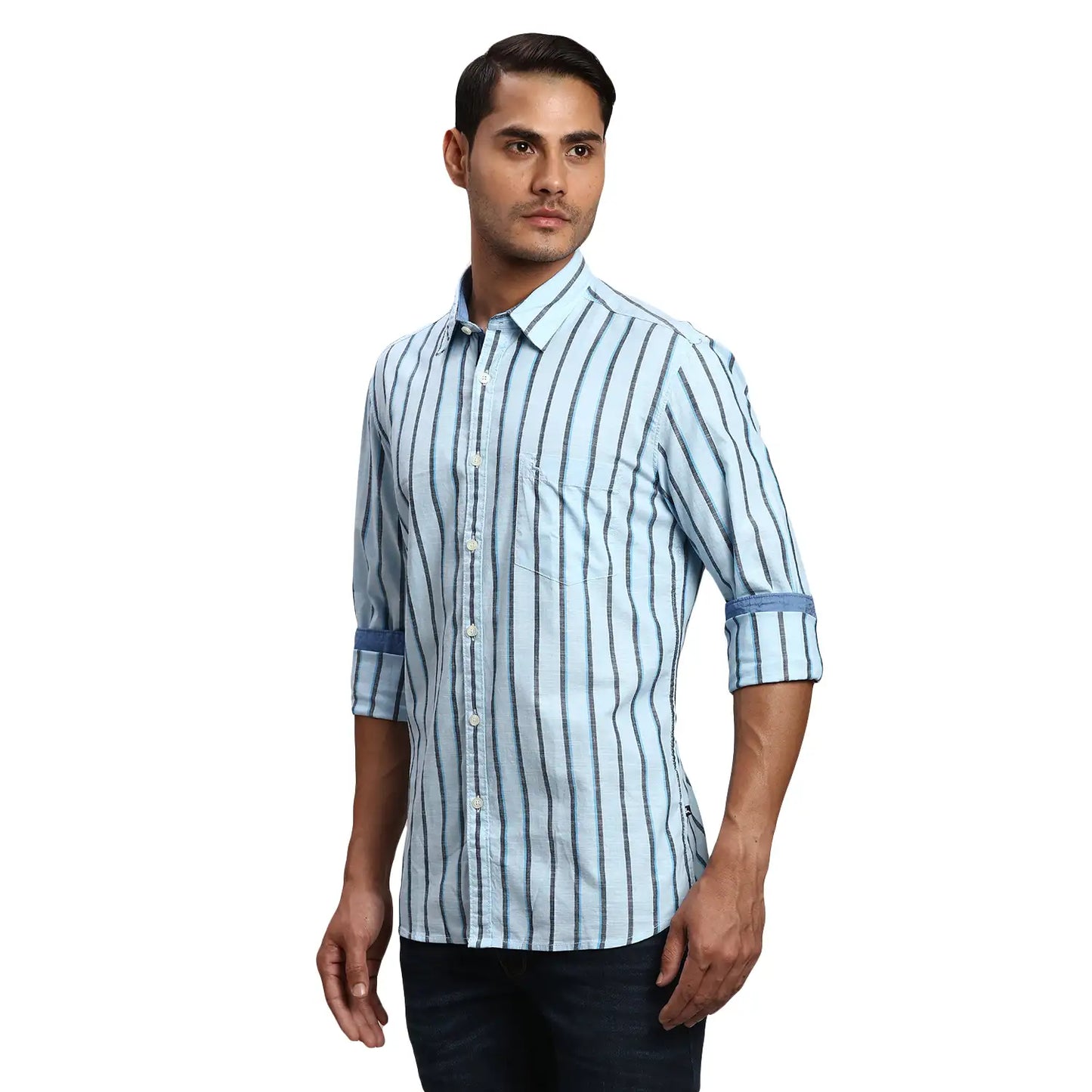 Men Blue Slim Fit Stripe Cotton Full Sleeve Shirts