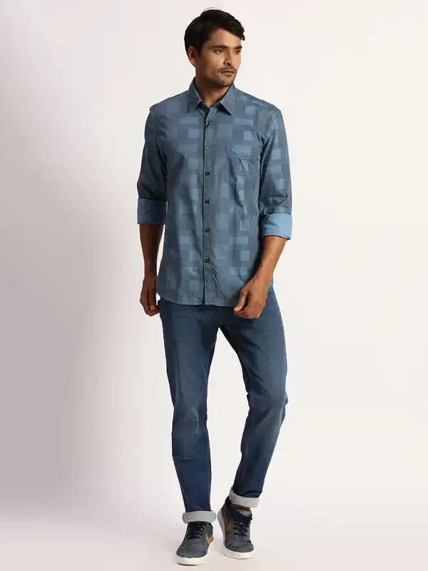 Men Blue Slim Fit Print Cotton Full Sleeve Shirts