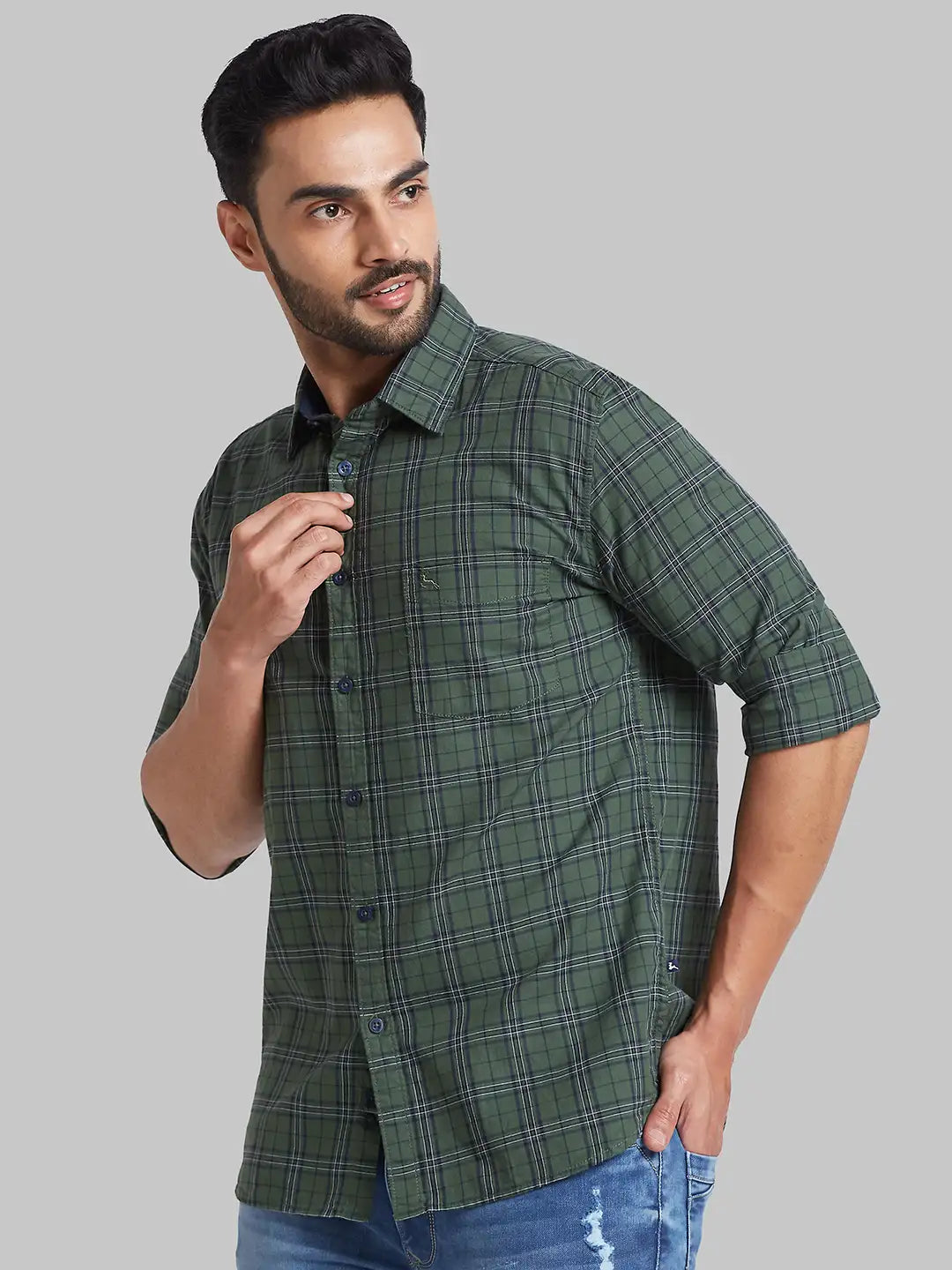 Men Green Slim Fit Checks Cotton Full Sleeve Shirts
