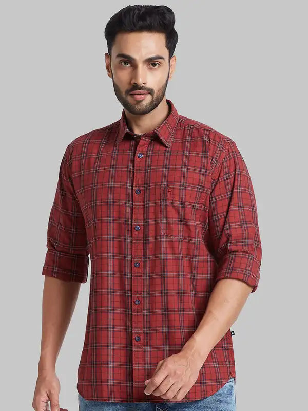 Men Red Slim Fit Checks Cotton Full Sleeve Shirts