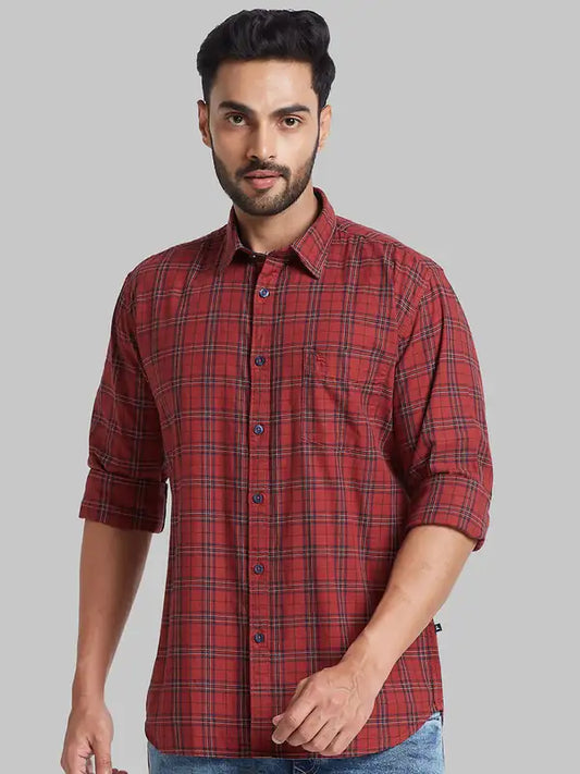 Men Red Slim Fit Checks Cotton Full Sleeve Shirts