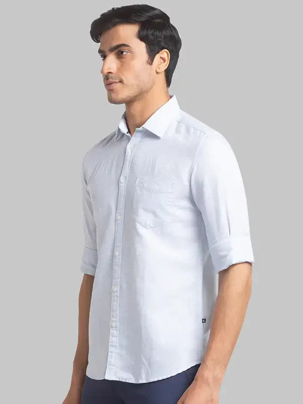 Men Blue Slim Fit Solid Linen Cotton Blend Full Sleeve Shirts