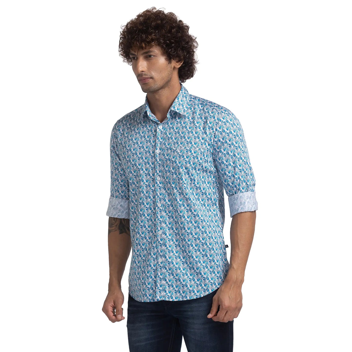 Men Blue Slim Fit Print Cotton Full Sleeve Shirts