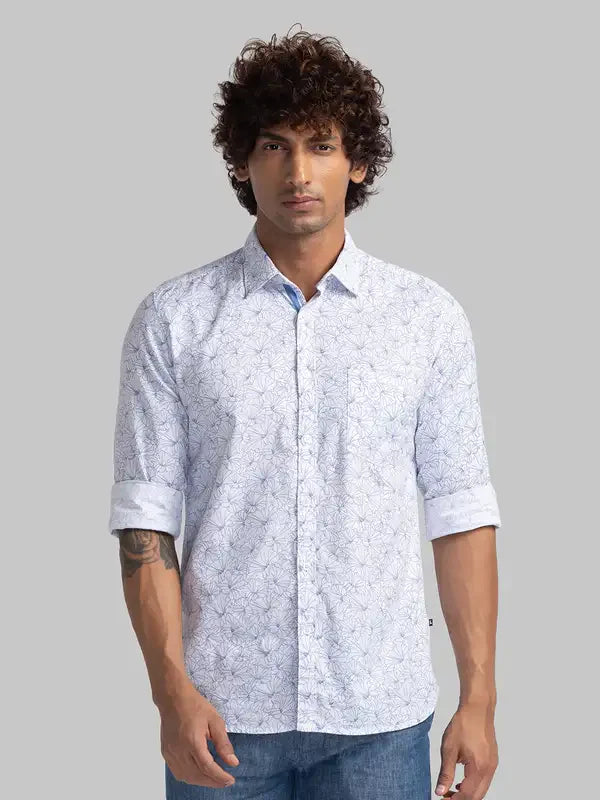 Men White Slim Fit Print Cotton Full Sleeve Shirts