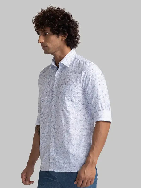 Men White Slim Fit Print Cotton Full Sleeve Shirts