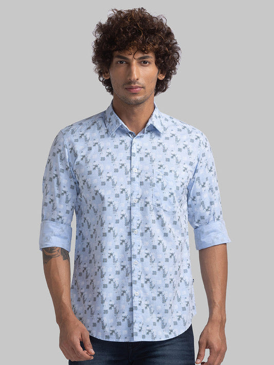 Parx Men Blue Printed Slim Fit Full Sleeve Semi Cut Away Collar Shirt