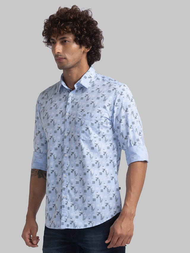 Parx Men Blue Printed Slim Fit Full Sleeve Semi Cut Away Collar Shirt