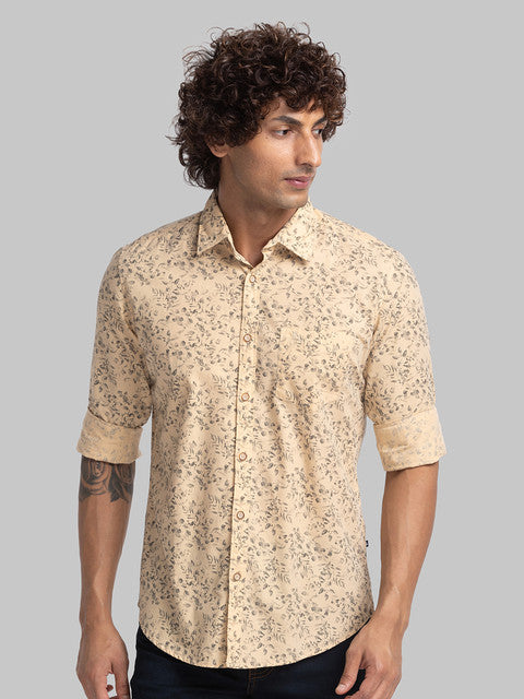 Parx Men Orange Slim Fit Stripe Full Sleeve Cutaway Collar Shirt