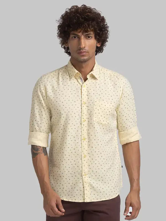 Men Yellow Slim Fit Print Cotton Full Sleeve Shirts