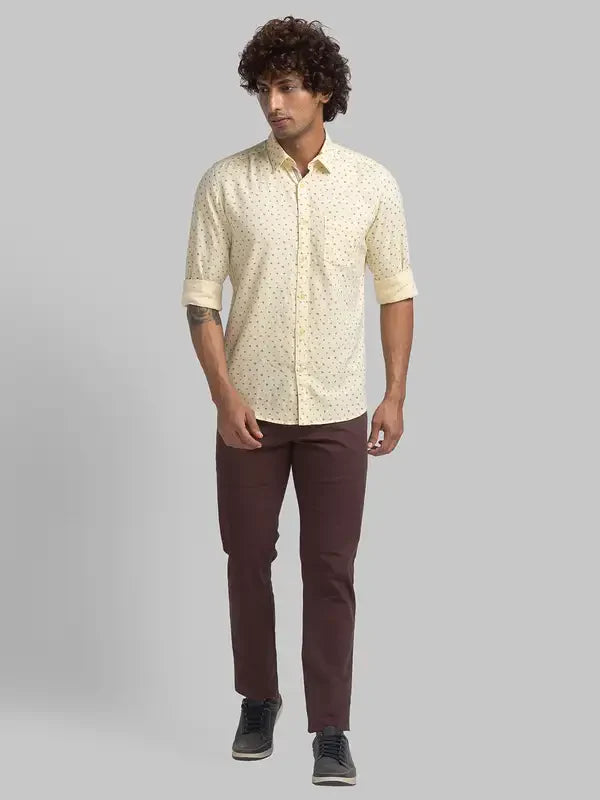 Men Yellow Slim Fit Print Cotton Full Sleeve Shirts