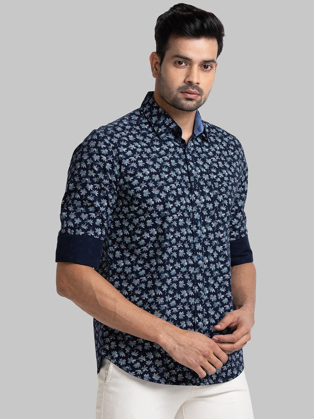 Parx Men Blue Printed Slim Fit Cotton Casual Shirt