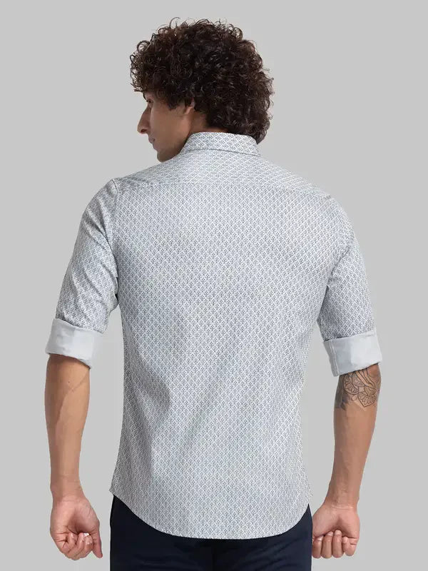 Men Grey Slim Fit Print Cotton Full Sleeve Cutway Collar Shirts