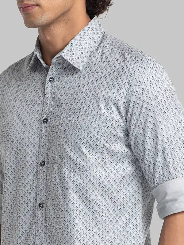 Men Grey Slim Fit Print Cotton Full Sleeve Cutway Collar Shirts