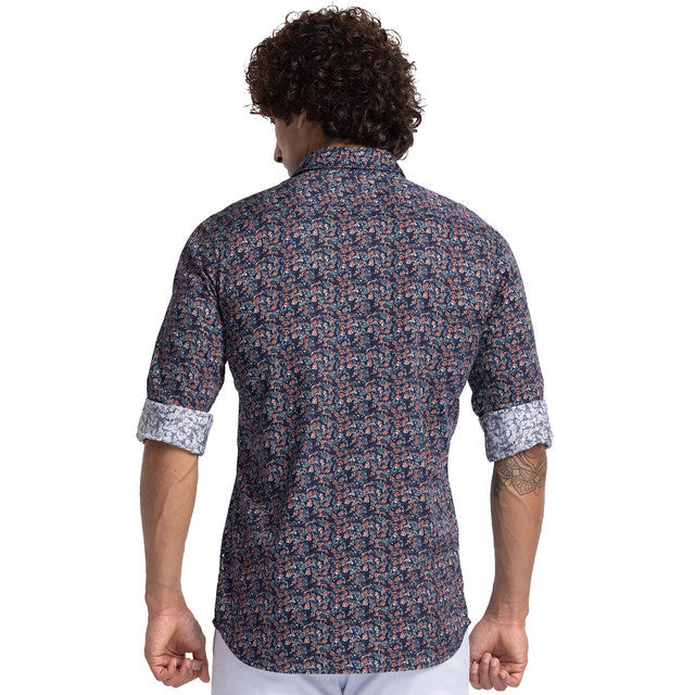 Parx Men Blue Slim Fit Printed Full Sleeve Cutaway Collar Shirt