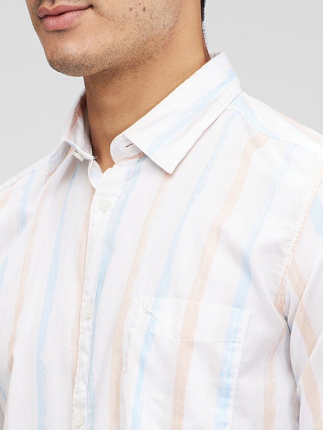 Parx White Printed Slim Fit Cotton Casual Shirt