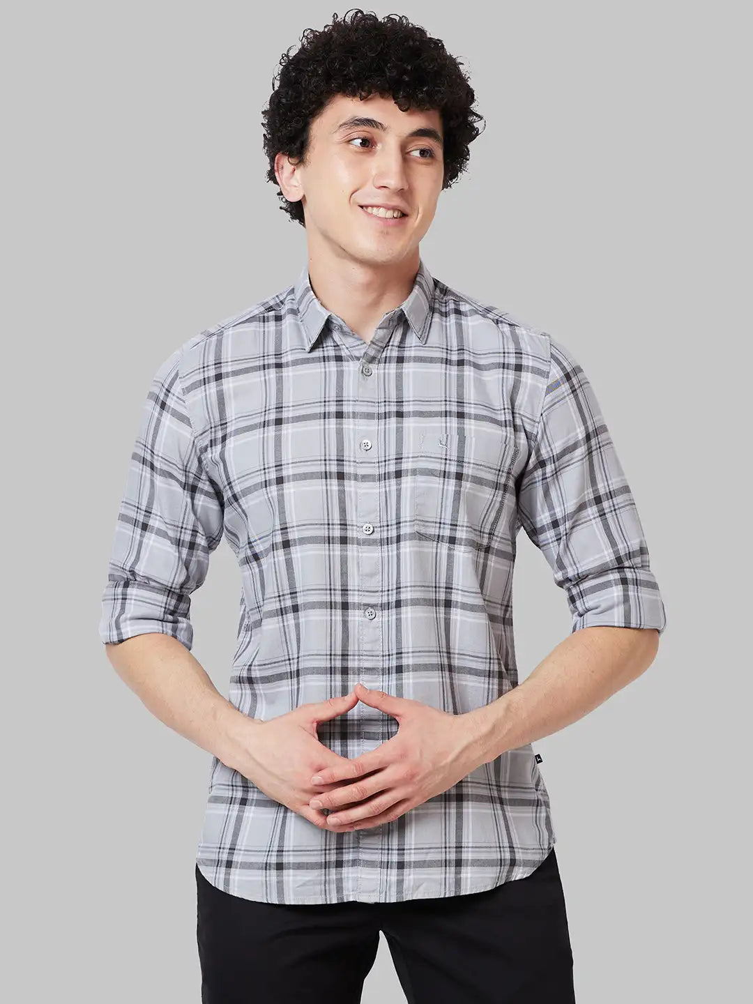 Men Grey Slim Fit Checks Cotton Blend Full Sleeve Shirts