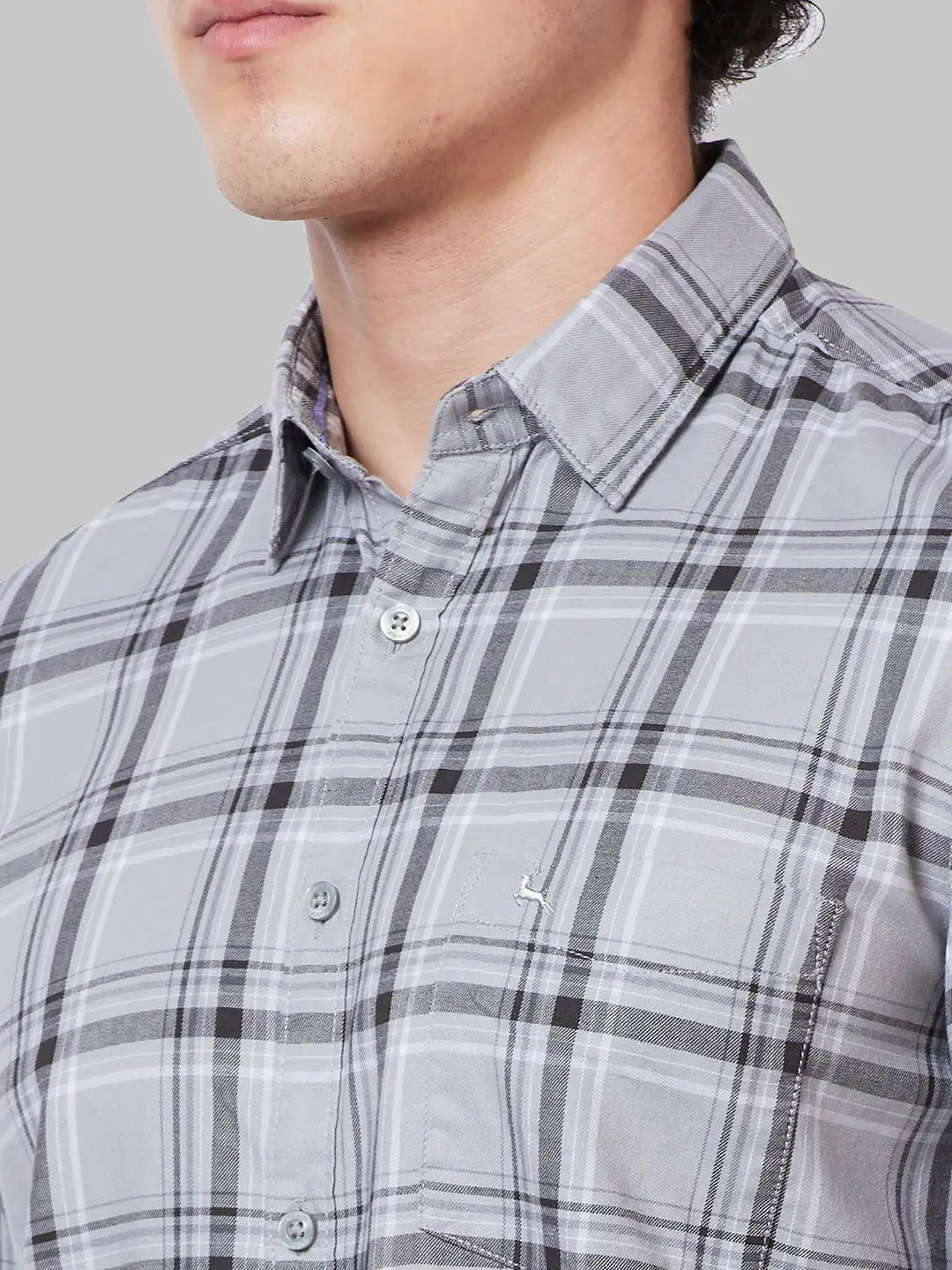 Men Grey Slim Fit Checks Cotton Blend Full Sleeve Shirts