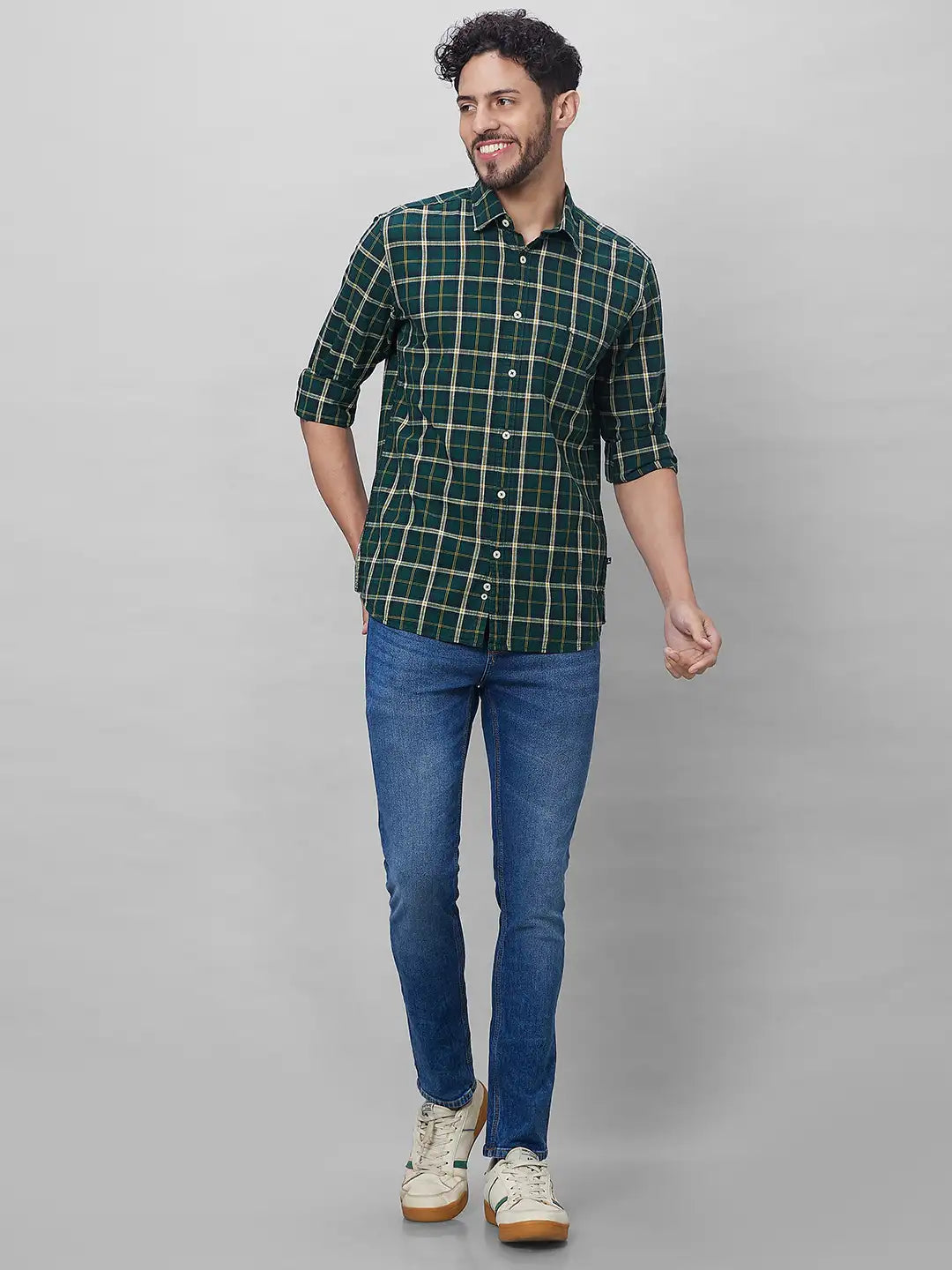 Parx Men Green Checks Slim Fit Cotton Full Sleeve Shirts