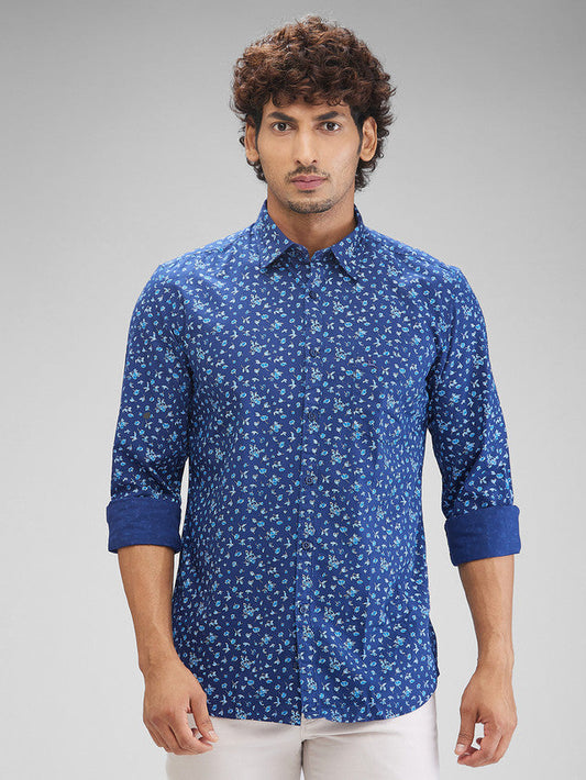 Parx Blue Printed Slim Fit Cotton Casual Shirt