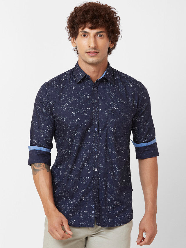 Parx Men Blue Printed Slim Fit Cotton Casual Shirt