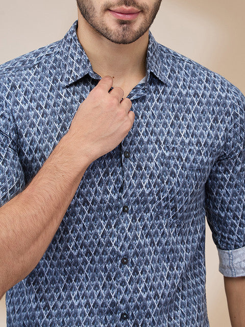 Parx Men Blue Printed Slim Fit Cotton Casual Shirts