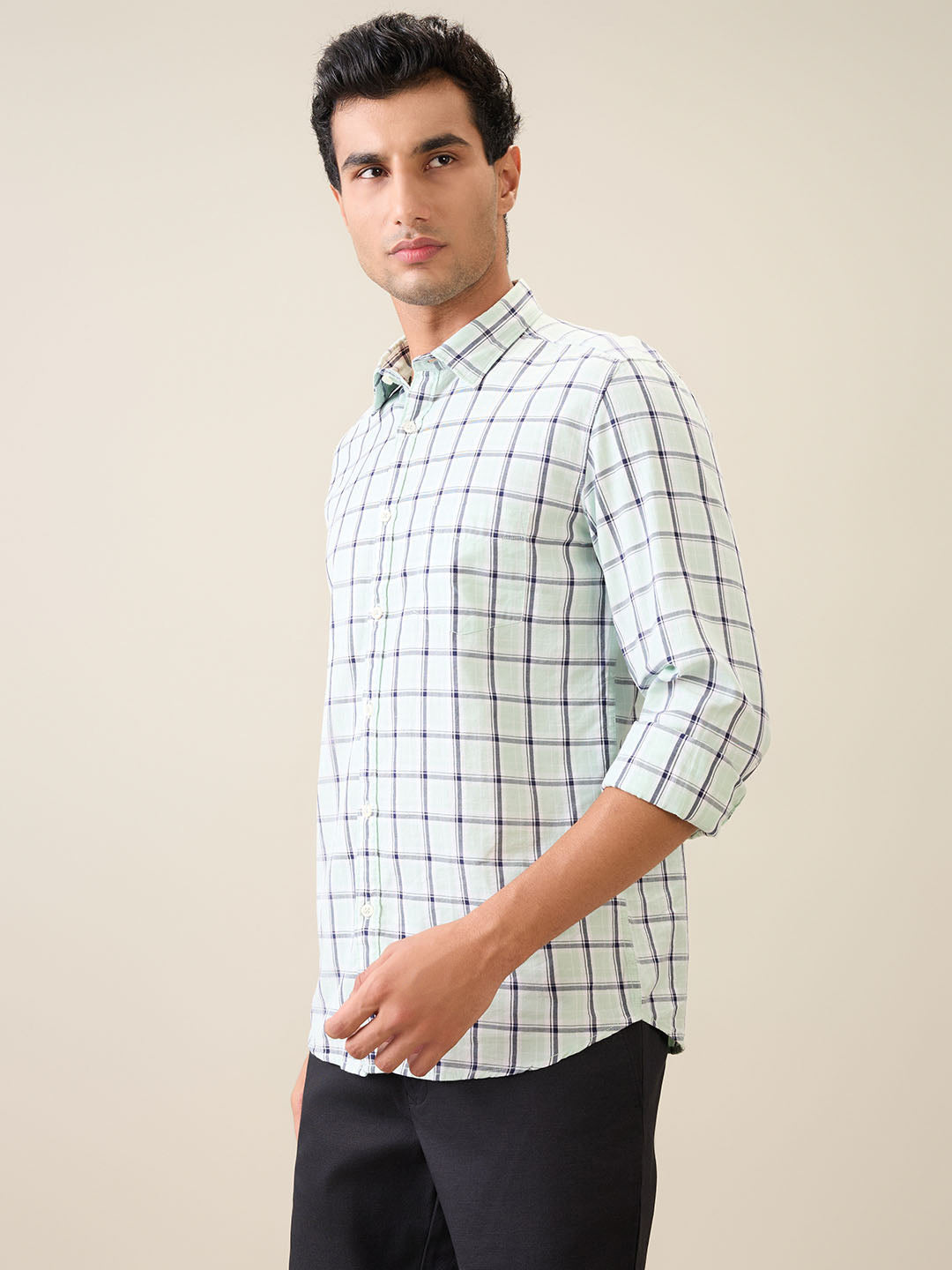 Parx Men Green Checks Slim Fit Cotton Casual Shirt