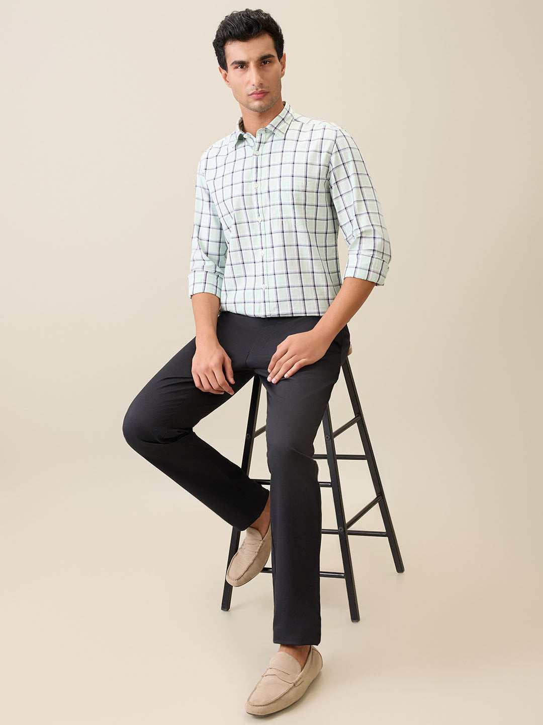 Parx Men Green Checks Slim Fit Cotton Casual Shirt