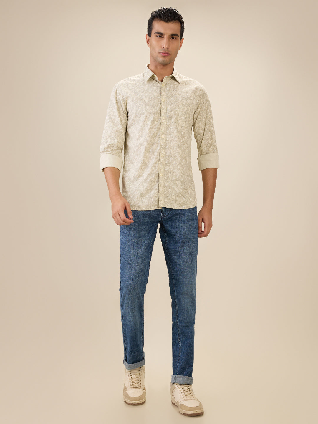 Parx Men Brown Printed Slim Fit Cotton Full Sleeve Cut Away Collar Casual Shirt