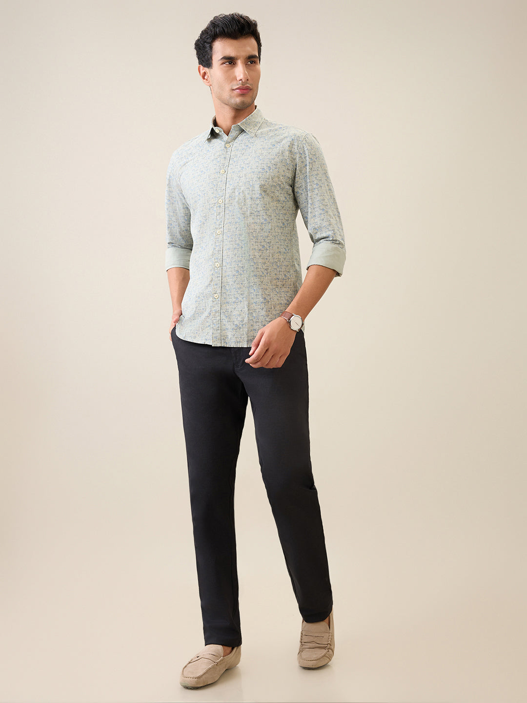 Parx Men Green Printed Slim Fit Cotton Casual Shirt