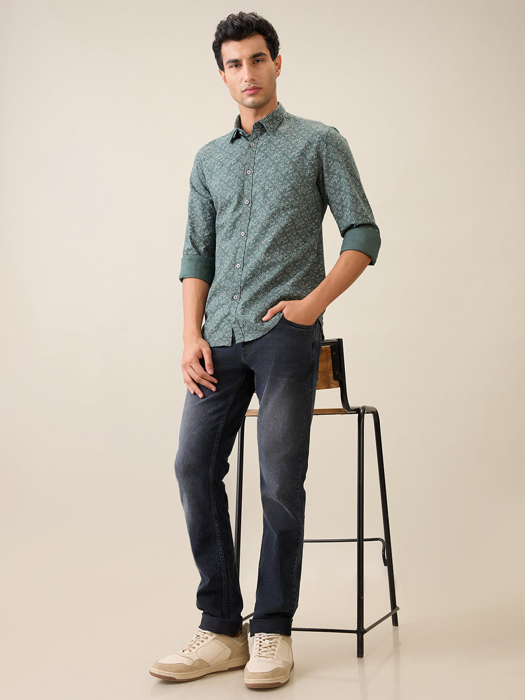 Parx Men Green Printed Slim Fit Cotton Casual Shirt