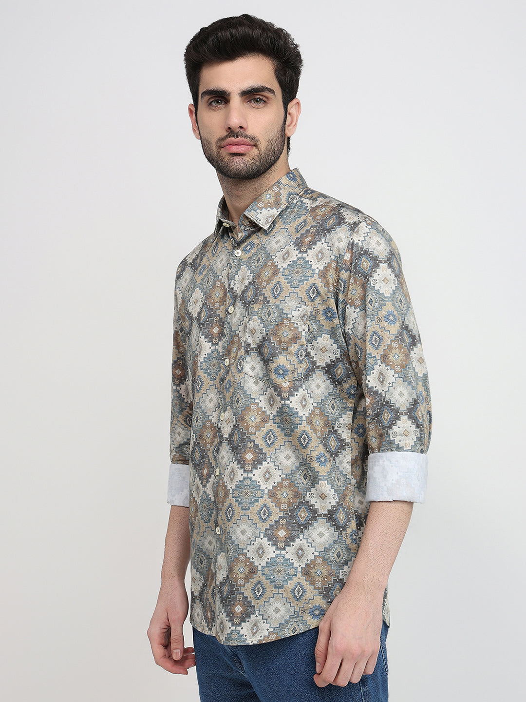 Parx Men Yellow Printed Slim Fit Cotton Full Sleeve Casual Shirt