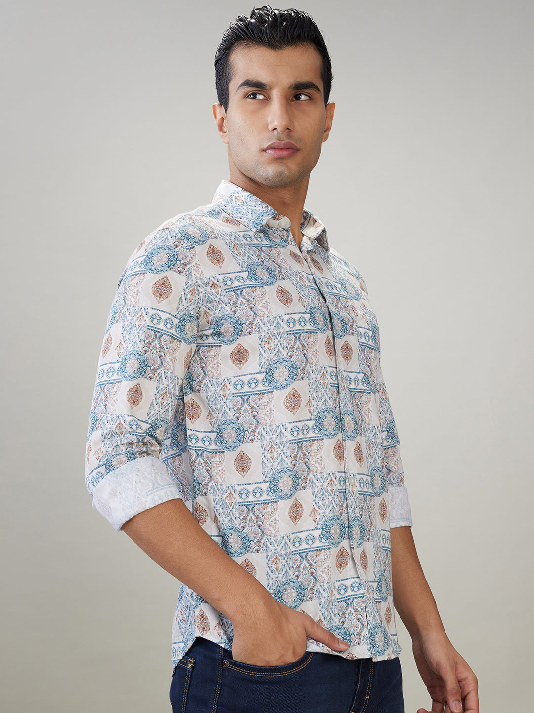 Parx Men Brown Printed Slim Fit Cotton Full Sleeve Casual Shirt
