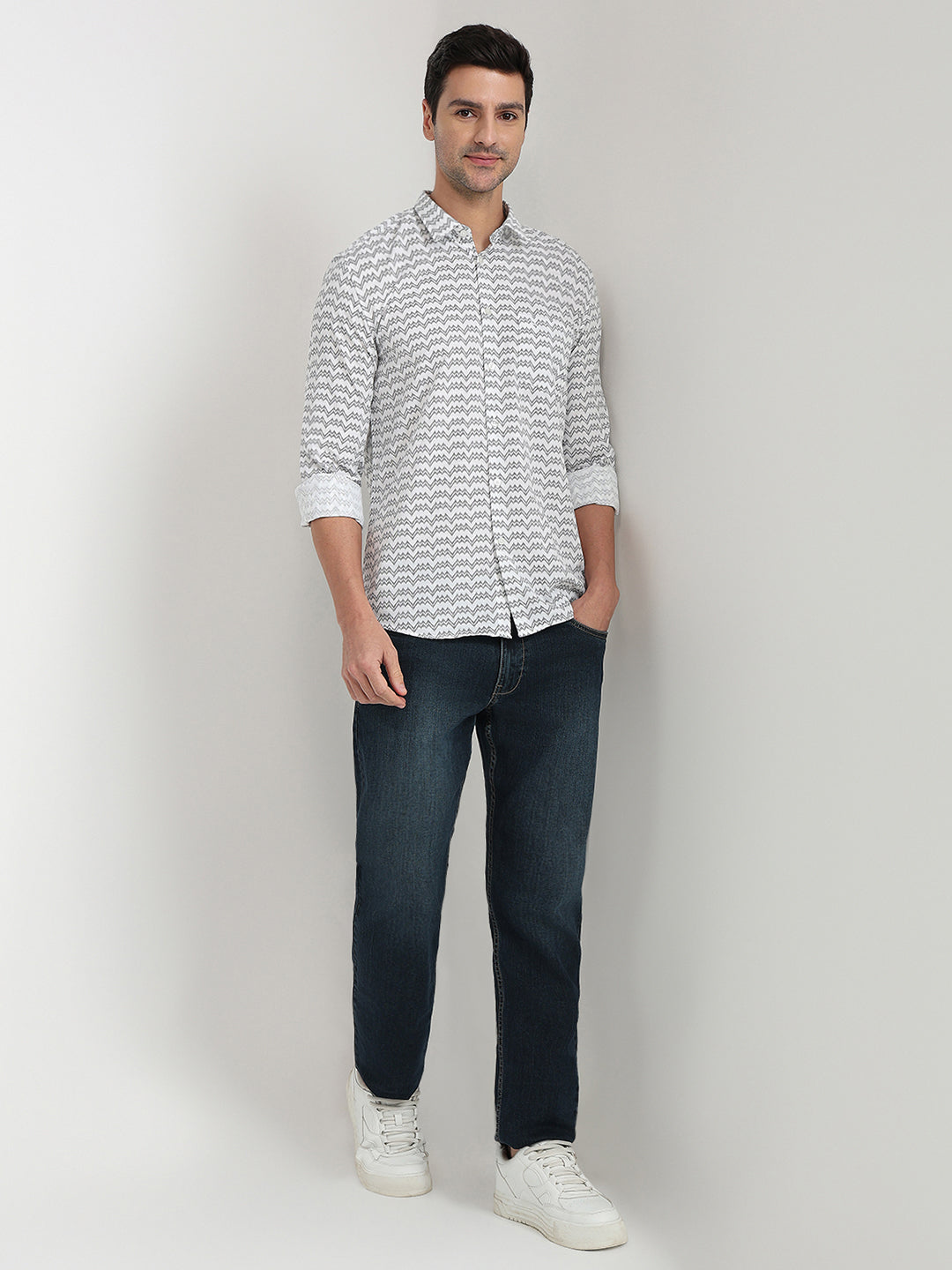 Parx Men White Printed Slim Fit Cotton Full Sleeve Casual Shirt