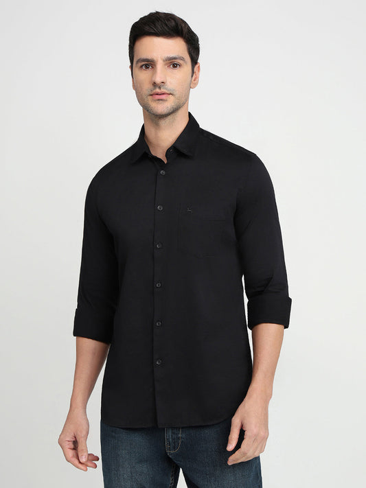 Parx Men Black Solid Slim Fit Cotton Blend Full Sleeve Casual Shirt