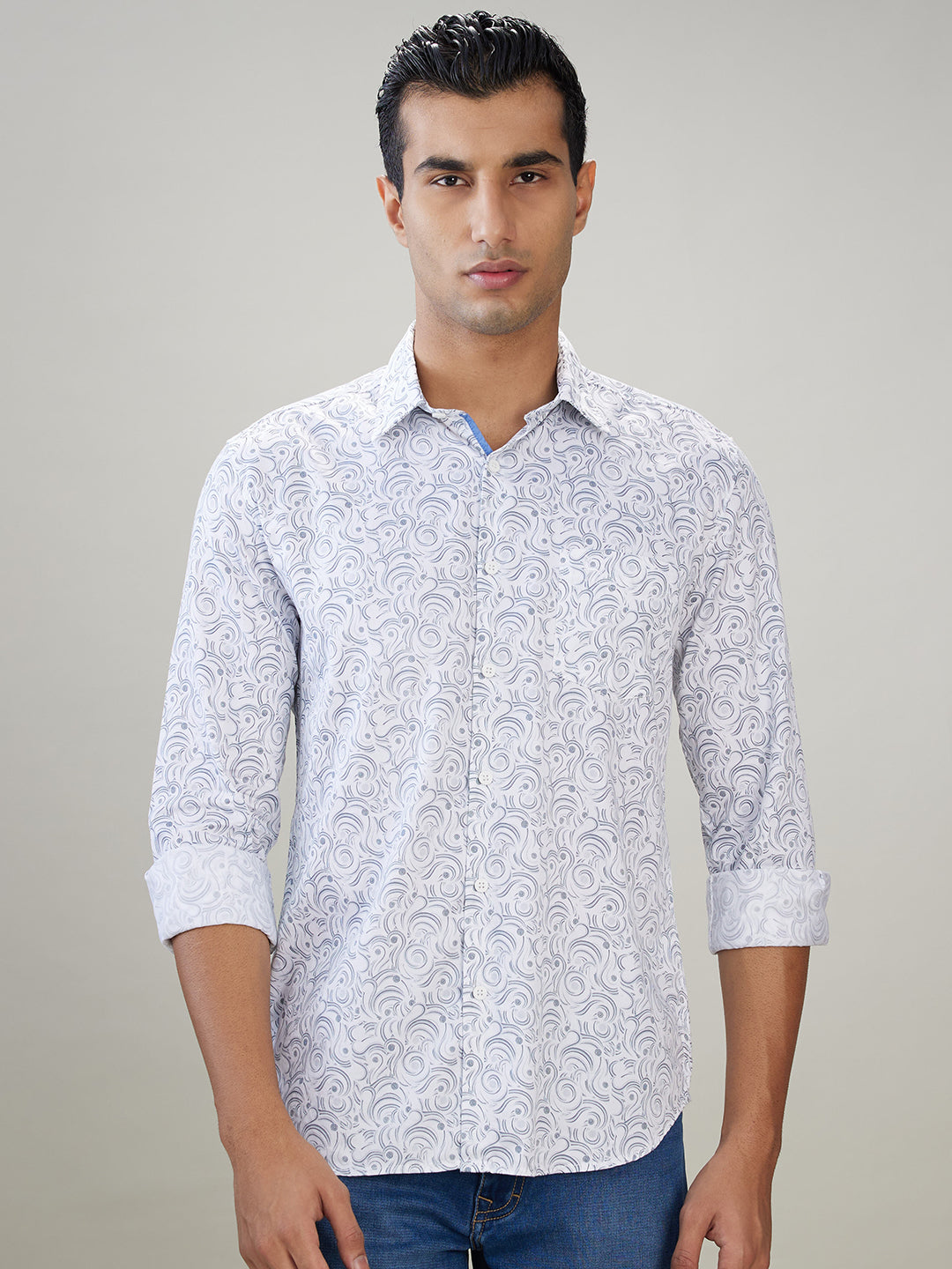 Parx Men White Printed Slim Fit Cotton Full Sleeve Casual Shirt