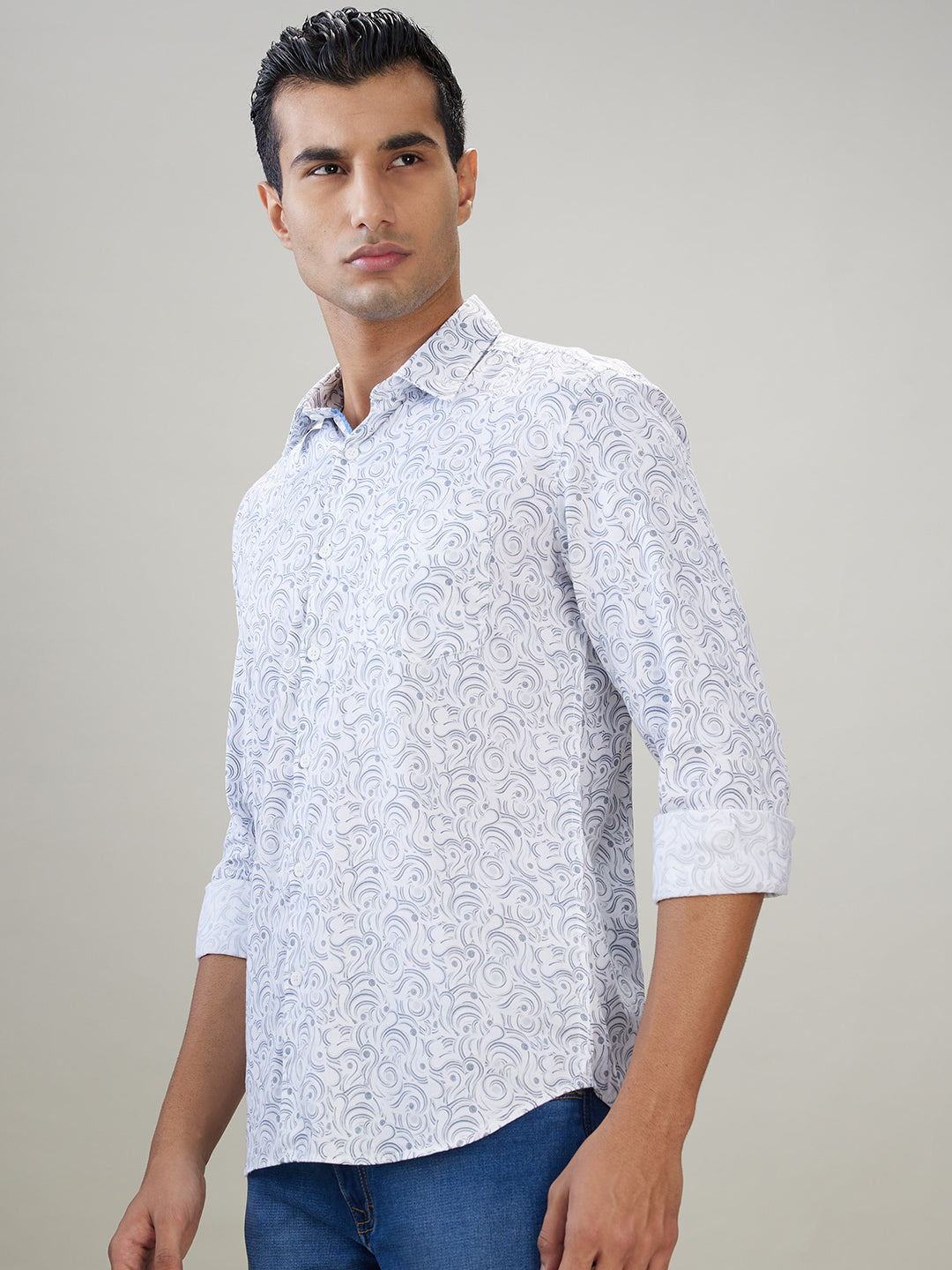Parx Men White Printed Slim Fit Cotton Full Sleeve Casual Shirt