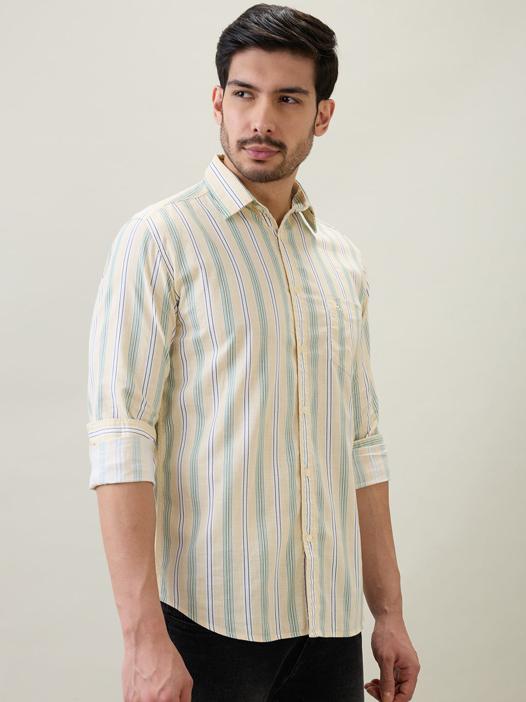 Parx Men Yellow Stripe Slim Fit Cotton Full Sleeve Casual Shirt