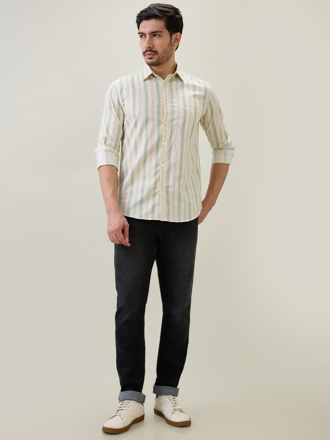 Parx Men Yellow Stripe Slim Fit Cotton Full Sleeve Casual Shirt