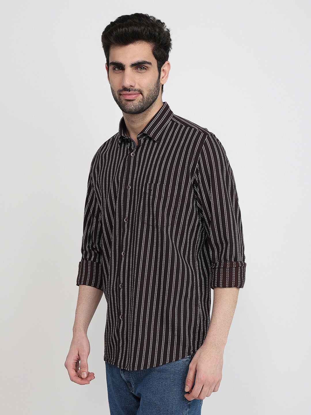 Parx Men Maroon Stripe Slim Fit Cotton Full Sleeve Casual Shirt