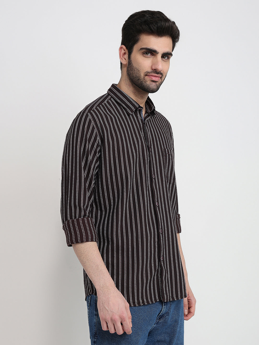 Parx Men Maroon Stripe Slim Fit Cotton Full Sleeve Casual Shirt