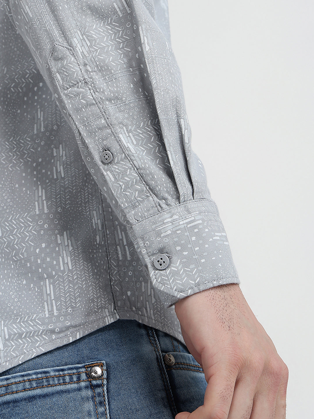 Parx Men Grey Printed Slim Fit Cotton Full Sleeve Cut Away Collar Casual Shirt