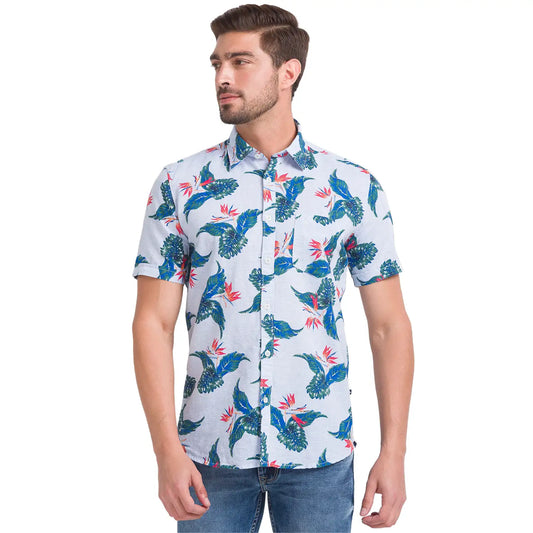 Men Blue Slim Fit Print Cotton Blend Half Sleeve Shirts