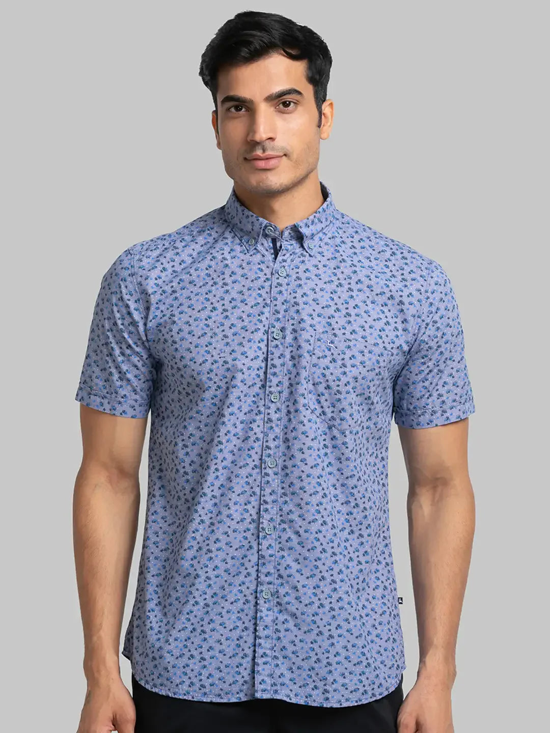 Men Blue Slim Fit Print Cotton Half Sleeve Shirts