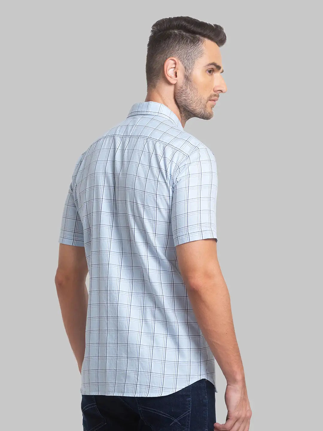 Men Blue Slim Fit Checks Cotton Half Sleeve Shirts