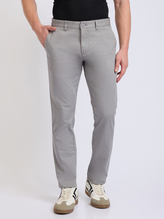Parx Men Grey Solid Low Rise Tapered Fit Cotton Blend Trouser