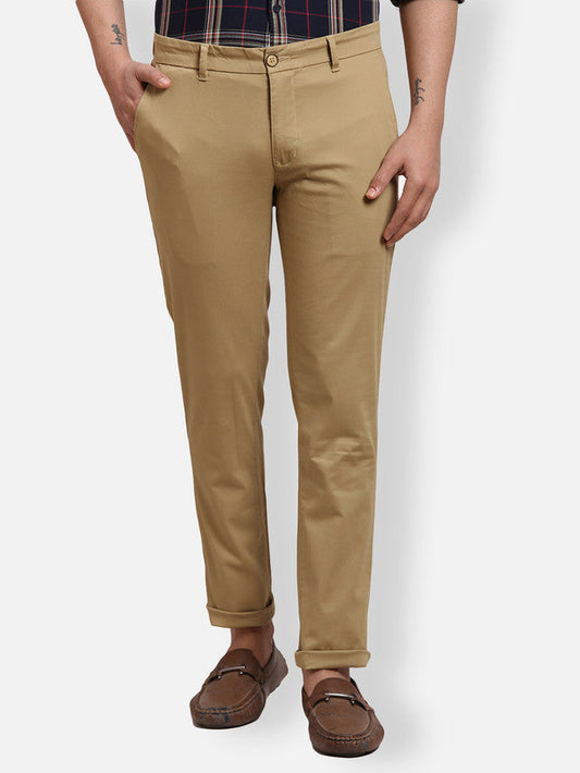 Parx Khaki Solid Super Slim Fit Cotton Blend Trouser